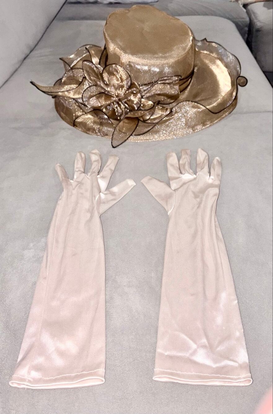 Champagne Gold Kentucky Derby Hat & Satin Gloves Halloween Costume One Size